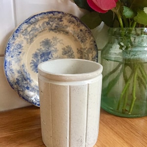 Può includere: Un vaso di ceramica bianca con linee verticali e una finitura macchiettata. Il vaso è appoggiato su una superficie di legno.