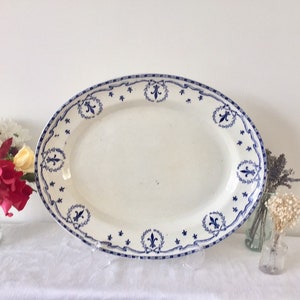 Edwardian blue and white fleur de lis vintage serving platter. Meat plate
