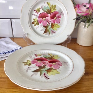 May include: Two white ceramic plates with a gold rim and a floral design featuring pink flowers and green leaves.