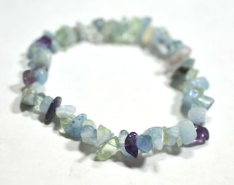 FLUORITE & AQUAMARINE BRACELET, Get Courage, Reduce Stress, Healing Crystal, Chip Bead Bracelet, Elasticated Bracelet, Artisan Crafted