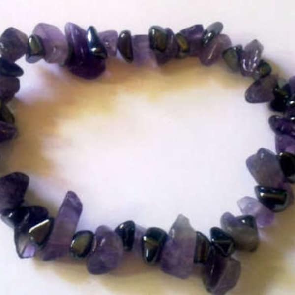 Amethyst and Haematite Bracelet, Magick Mirror, Magick Amulet, Self Healing, Crystal Healing, Chip Bead, Elasticated, Artisan Bangle, Reiki