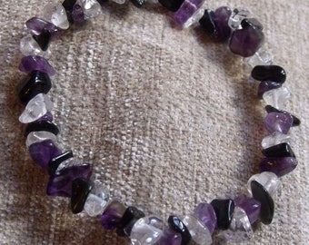 Black OBSIDIAN, AMETHYST and Clear QUARTZ   Healing Crystal, Chip Bead, Elasticated, Hand Made, With free amethyst tumblestone