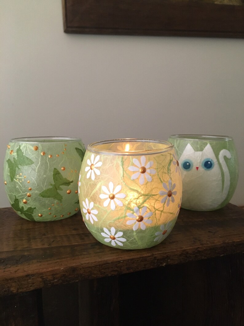 Hand made apple green glass tealight candle holder. Multiple Etsy