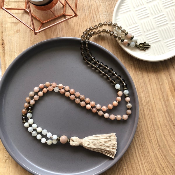 Rainbow Moonstone Sunstone and Smoky Quartz 108 gemstone mala necklace - Fertility jewellery - 108 bead Japa mala - Yoga gift for her