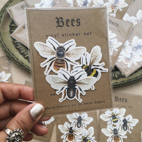 Vinyl Bee Sticker Set x3, Weatherproof, Gothic Wildlife, Steampunk Bees, Natural History bee stickers, Personalise, Bottle, Laptop, Tablet
