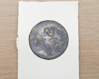 Original Watercolour Moon art, Luna Painting, Gold embellished, Planetarium series, Steampunk