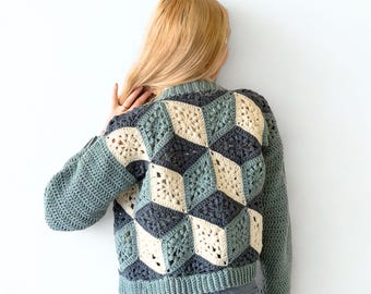 CROCHET PATTERN + VIDEO - 3D Cube Cardi - Diamond Crochet Cardigan/Sweater/Garment/Vest - Size-Inclusive (Sizes Xs-5XL)