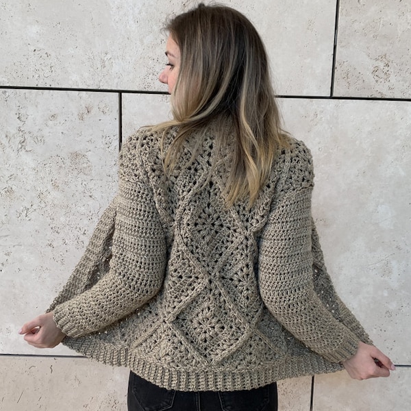 CROCHET PATTERN + VIDEO - Tulip Square Cardigan - Granny Square Crochet Sweater / Garment / Vest - Size-Inclusive (Sizes Xs-5XL)