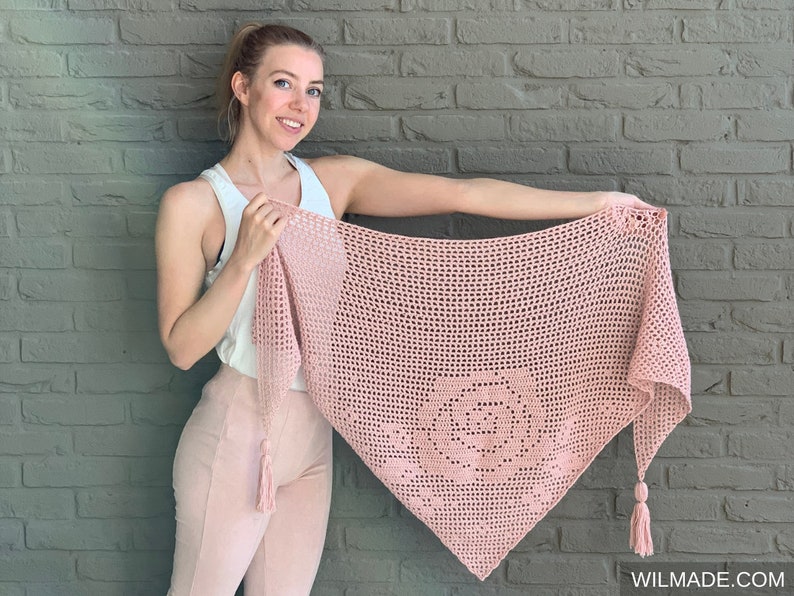 Bella Rosa Shawl Crochet Pattern Instant PDF download by Wilmade bottom-up triangle shawl with filet crochet and roses / flowers image 2