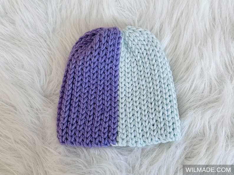 Easy crochet beanie for beginners with two colors, one separate color for each half, made out of a rectangle