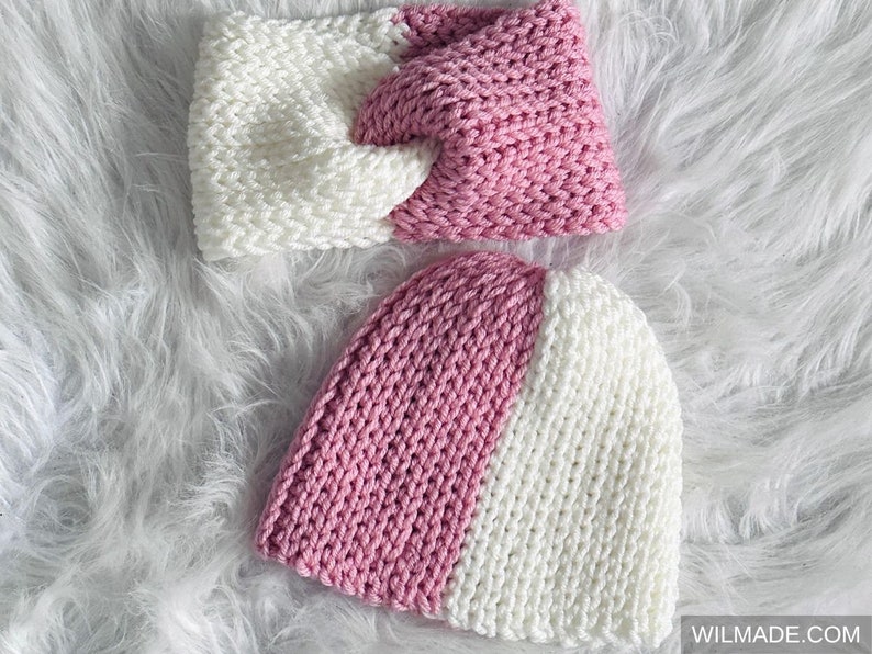 Easy crochet beanie and headband / earwarmer set for beginners with two colors, one separate color for each half, made out of a rectangle