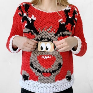 CROCHET PATTERN + VIDEO - Reindeer Christmas Sweater - Digital Xmas Sweater / Jumper / Pullover - Moving Eyes - Size-Inclusive (Sizes S-5XL)