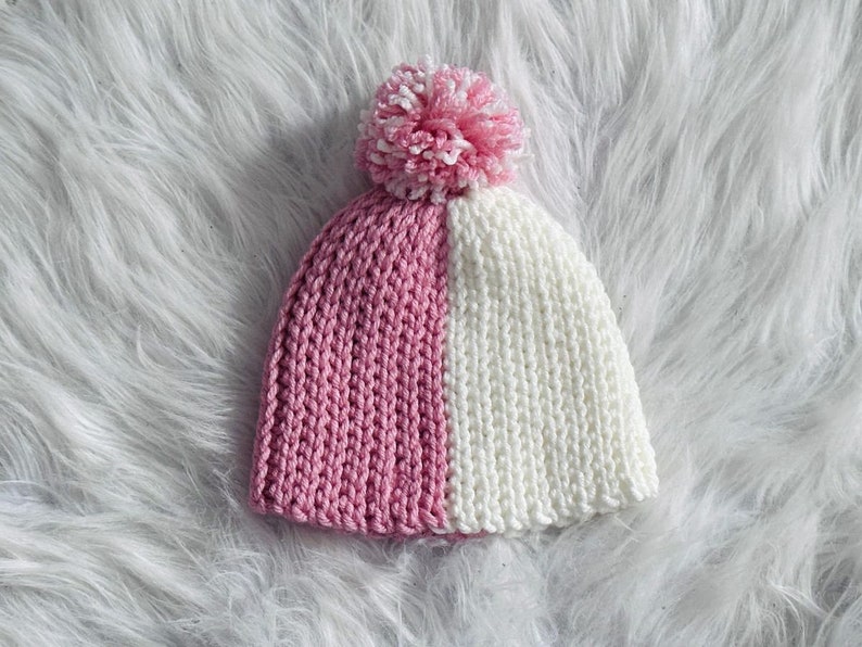 Easy crochet beanie for beginners with two colors, one separate color for each half, made out of a rectangle