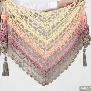 Enchanting Eva Shawl Crochet Pattern PDF instant download by Wilmade Top-Down Triangle Shawl with flowers image 1