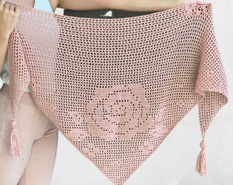 Bella Rosa Shawl - Crochet Pattern - Instant PDF download by Wilmade - bottom-up triangle shawl with filet crochet and roses / flowers