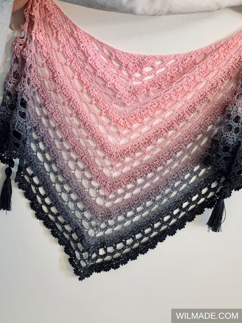 Enchanting Eva Shawl Crochet Pattern PDF instant download by Wilmade Top-Down Triangle Shawl with flowers image 5