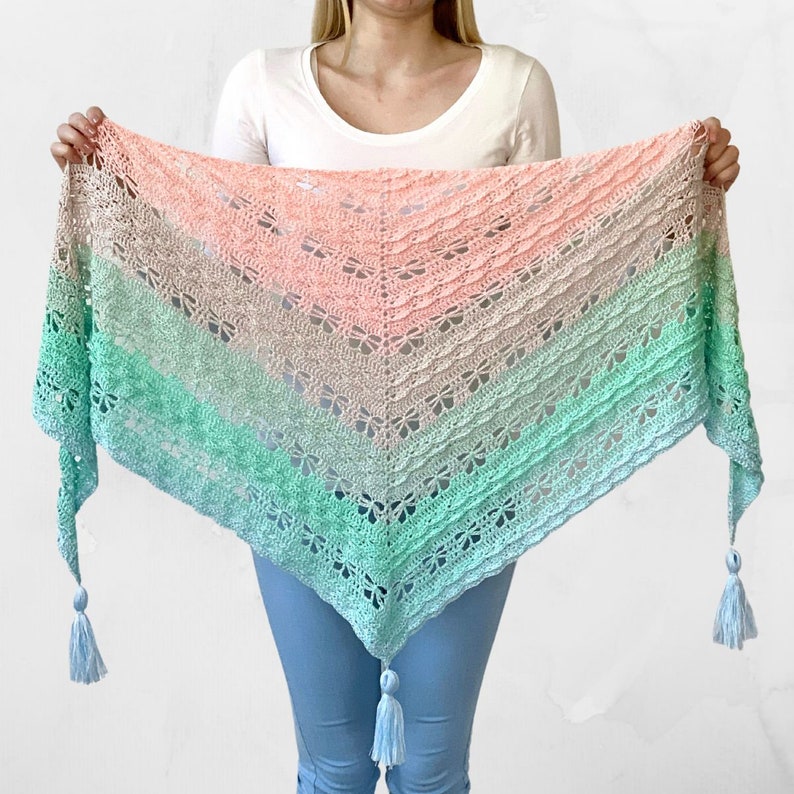 Jaycee Butterfly Shawl Crochet Pattern PDF instant download by Wilmade Top-Down Triangle Shawl with flowers image 1