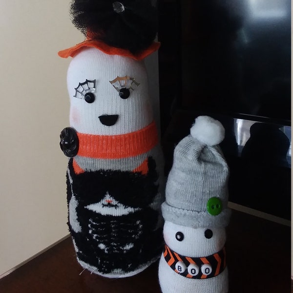 Spooky ghost sock with black cat sweater, mom and baby ghost decoration, whimsical ghost witch with baby ghost