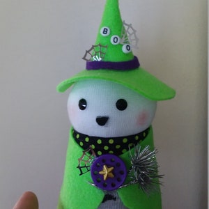 Bright green ghost,  cute witch sock ghost, whimsical Halloween ghost shelf sitter decoration