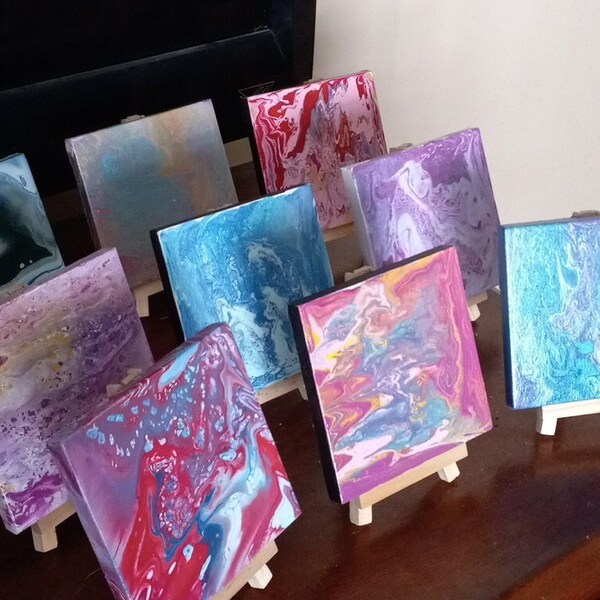 Colorful small acrylic fluid art on canvas with easel, 4 in x 4 in desk art, choice of 1