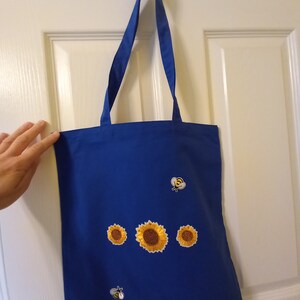 Blue lightweight cotton tote bag with sunflowers and bees