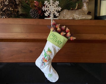 Personalized Christmas Stocking, Embroidered with Elf on a Bike with Gifts and Your Choice of Name