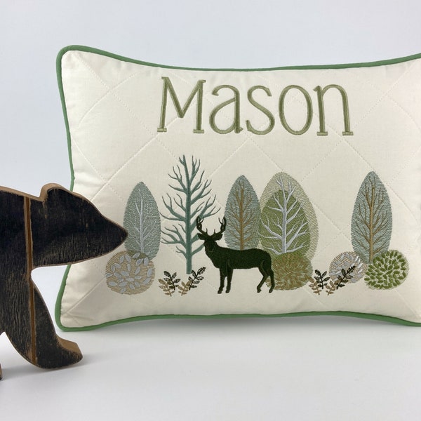 Personalized Throw Pillow, Woodland Forest Decor, Deer and Trees, Rustic Embroidered Keepsake Cushion with Name, Lodge Cabin Camper Decor