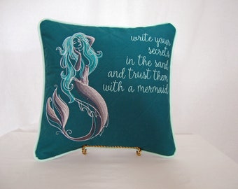 Mermaid Throw Pillow, Nautical Decor, Ocean and Sea, Sirens of the Sea, Embroidered Pillow, Secrets in the Sand, Mythical Creatures