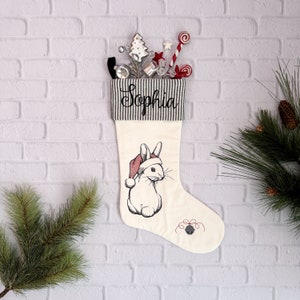 Personalized Christmas Stocking, Embroidered with Bunny and Santa Hat and Your Choice of Name