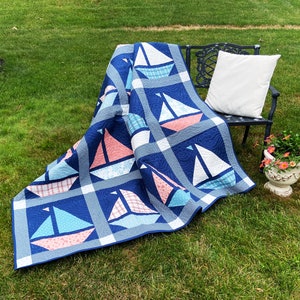 Handmade Quilt, Sailboats, Nautical Decor, Large Throw Quilt in Summery Patriotic Colors