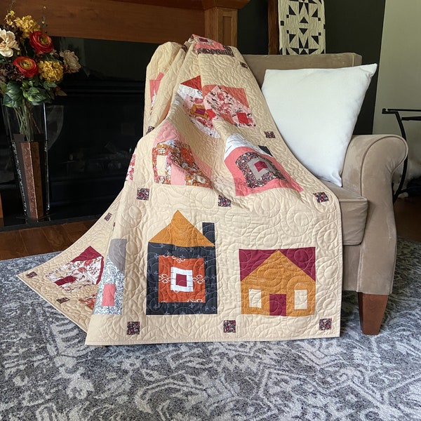 Handmade Quilt, Modern Quilt With Houses in Fall Colors, Housewarming Gift, Contemporary Quilt