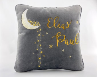 Throw Pillow, Moon and Stars, Celestial Personalized Keepsake Square Cushion Cover, Embroidered Plush Pillow, 14 Inch with Zipper