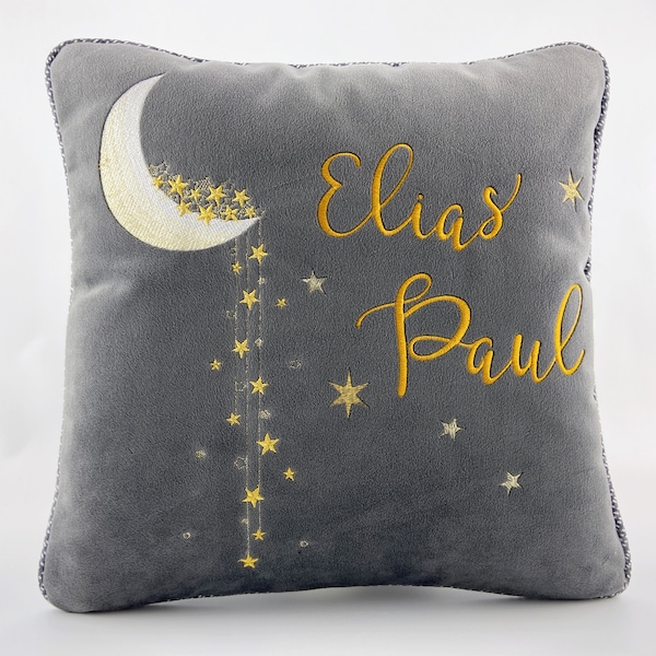 Throw Pillow, Moon and Stars, Celestial Personalized Keepsake Square Cushion Cover, Embroidered Plush Pillow, 14 Inch with Zipper