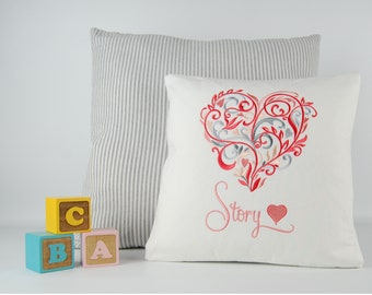 Personalized Pillow Heart for Girl, Embroidered Filigree Heart, 12 Inch Pillow, Keepsake Gift for Baby Valentine Birthday