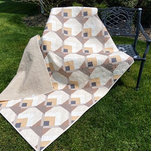 Handmade Quilt,  Modern Throw Quilt in Neutral Colors of Ivory, Browns and Gray, Solid Fabrics, Contemporary Home Decor