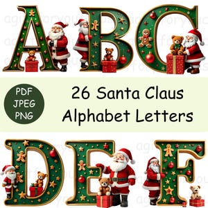 Alfabeto navideño de Papá Noel con imágenes prediseñadas digitales de la A a la Z. Alfabeto navideño de Papá Noel con imágenes prediseñadas. Descargas de manualidades. Imagen generada por IA. Pdf, Jpeg, Png.