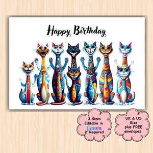 Verjaardagskaart / Digitale download / Feestgroeten katten / Verjaardagskaart katten / Afdrukbare gelukkige verjaardagskaart / Gratis enveloppen DC6