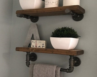 Floating Shelves Floating Shelf Farmhouse Decor Bathroom Shelves Rustic Wood Shelf Floating Pipe Shelves Towel Rack Shelf Set of 2