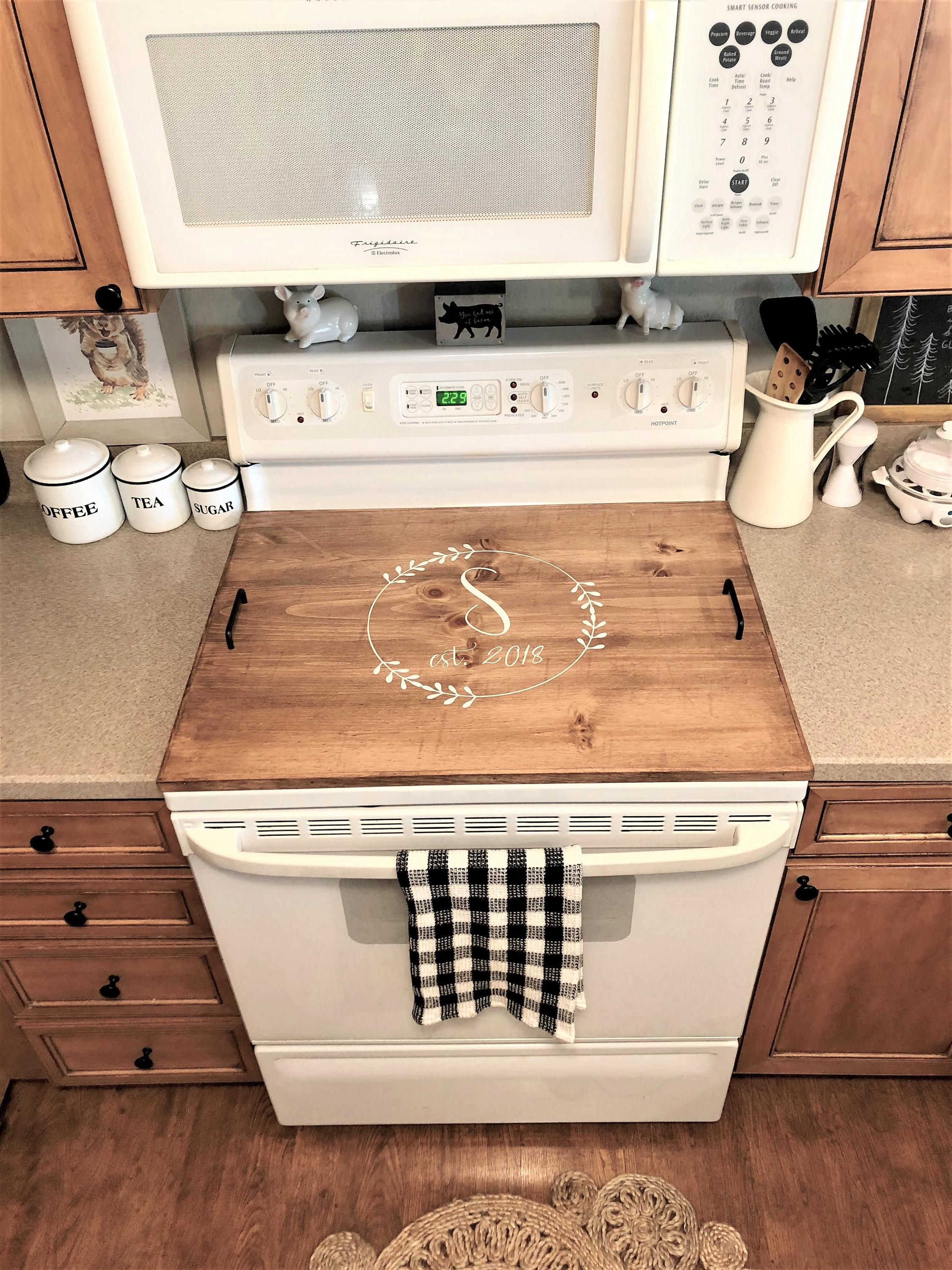Farmhouse Kitchen Decorative Tray | Wood Stove top Cover | Custom Noodleboard | Personalized Gift | FLAT PINE Electric Cooktop Burner Cover