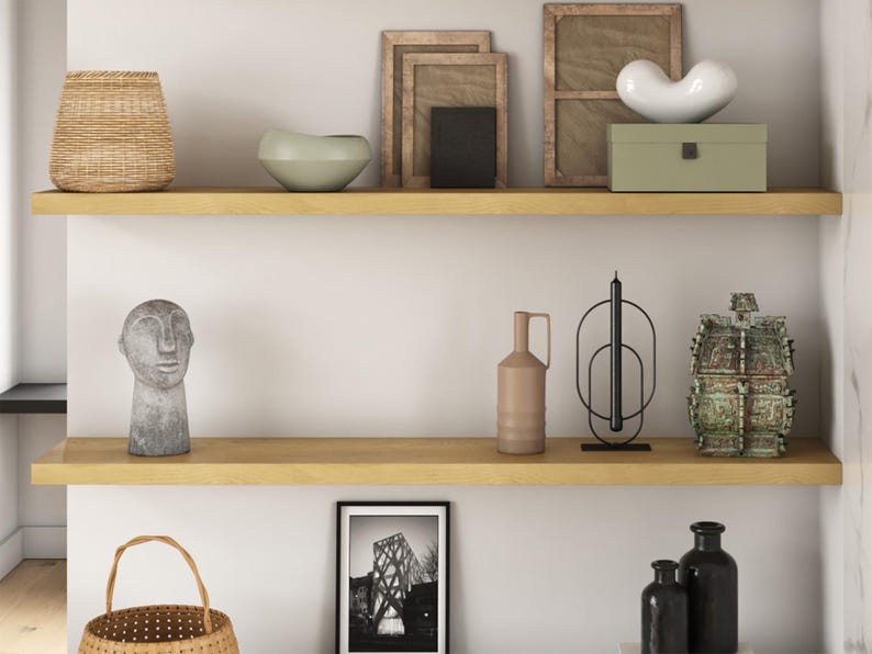 two white oak floating shelves in the living room.