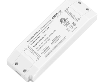May include: A white rectangular dimmable LED driver, model KVP-24060-TDL, featuring input 100-130V and output 24V 60W. The device includes Intertek certification markings, input and output terminal labels, and safety instructions printed on the top surface.