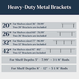 May include: Heavy-Duty Metal Brackets chart showing sizes 20, 26, 32, and 42 inches for shelves 56 to 102 inches long. Includes two brackets per set. Specifies rod lengths of 3 1/8 inches for shelf depths 5 to 7.99 inches and 5 1/8 inches for 8 to 12 inches.