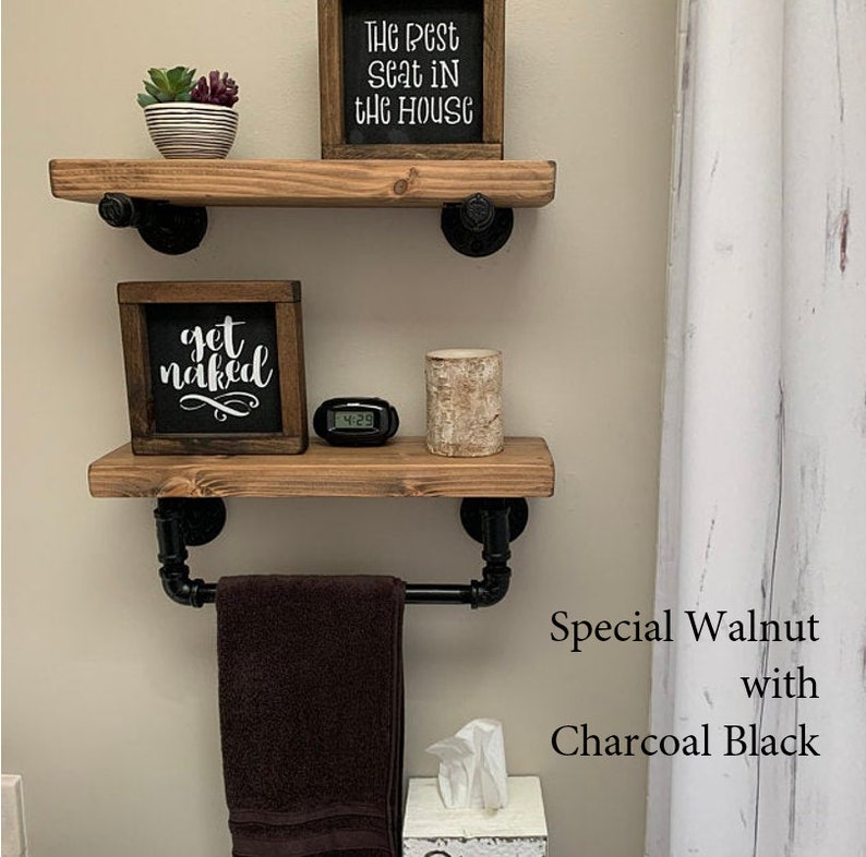 Wood Bathroom Shelf With Towel Bar SET OF 2. Rustic Wall Etsy