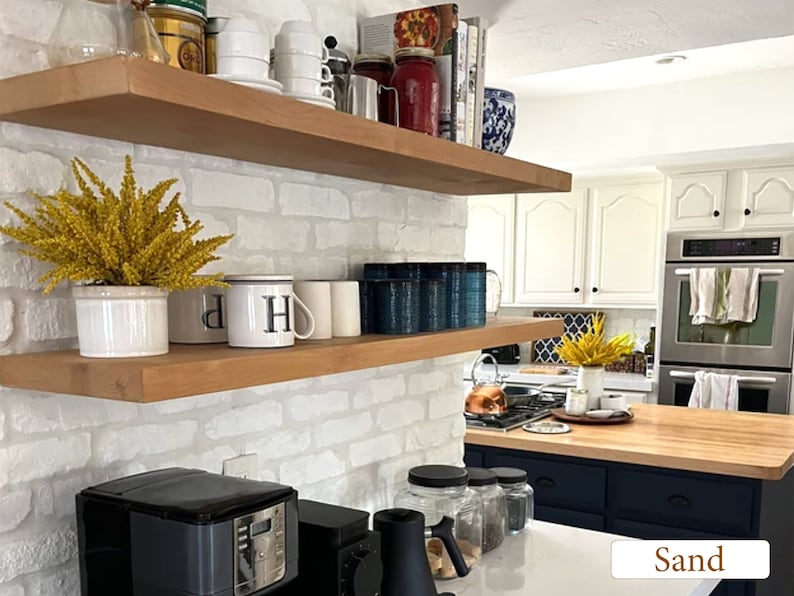 Floating shelves above a coffee bar.