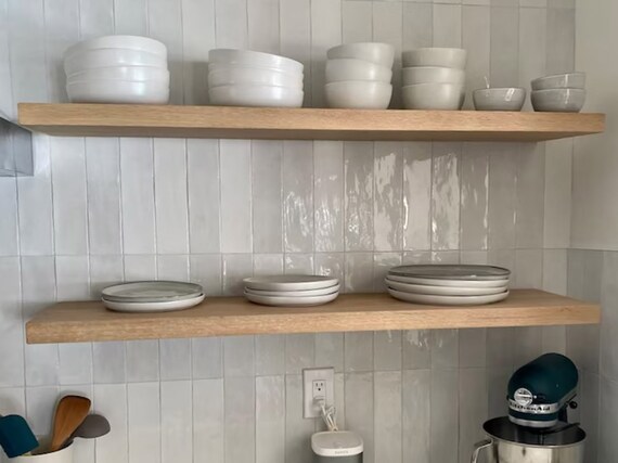White Kitchen with Wood Floating Shelves