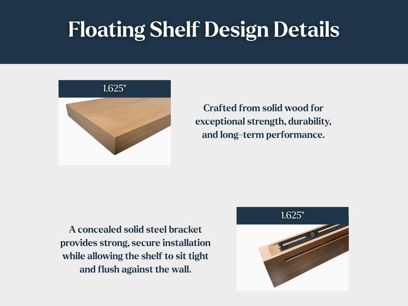 Pu&ograve; includere: Un design di mensola flottante con una tavola in legno massello marrone chiaro di 4,13 cm di spessore. La mensola include una staffa in acciaio nero a scomparsa per l'installazione, che permette al legno di aderire a filo al muro.