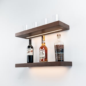 Walnut LED Floating Shelves, Lighted bar Shelving, Wood Floating Shelf, Custom Kitchen Shelving, Recessed Light Strip, Wall Shelves