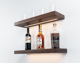 Walnut led floating shelves, lighted bar shelving, wood floating shelf, custom kitchen shelving, recessed light strip, wall shelves