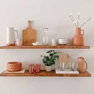 Rustic pine floating shelves. wood floating shelf. wood bathroom wall shelving. kitchen shelves. heavy duty bracket included. fast shipping.