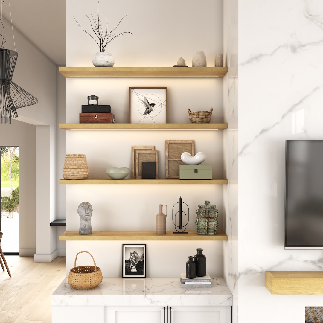 White Oak Floating Shelf With Integrated LED Lighting, 1.625" Thick ...